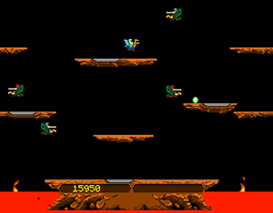 Screenshot de Joust, juego de Atari que representa una justa entre el jugador y los enemigos. Todos están armados con lanzas y montan pájaros gigantes.